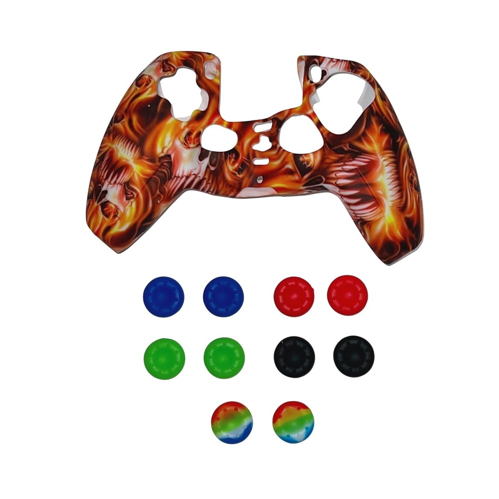PS5 DualSense Controller Silicone Skin Case Fire Skull Design 10‎ Thumb Grips